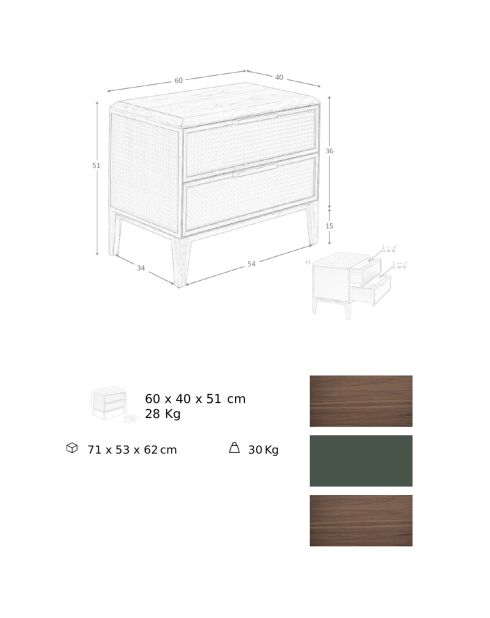 Nachttisch mit dunkelgrün/nussbaumfarbener PVC-Struktur - 60x40x51 cm