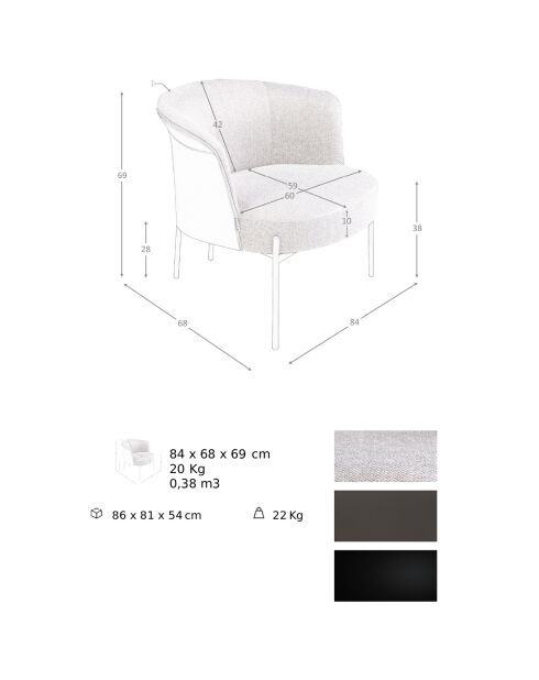 Fauteuil en tissu et similicuir gris/noir époxy - 84x68x69 cm