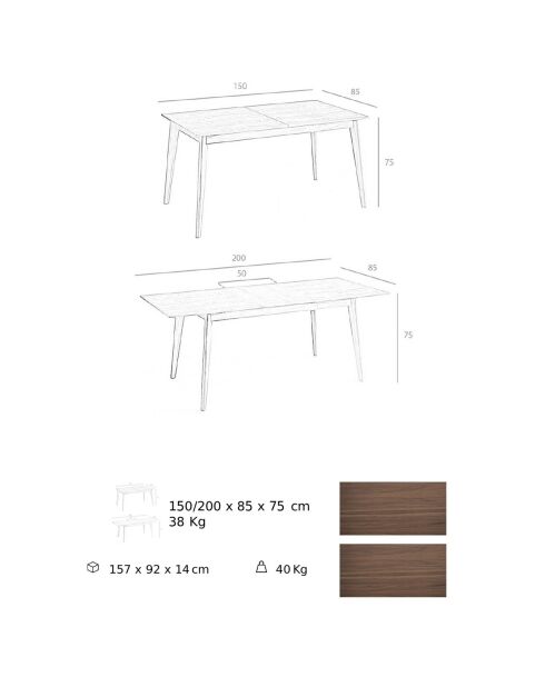 Table à manger à rallonge en bois plaqué noyer noyer - 150/200x85x75 cm