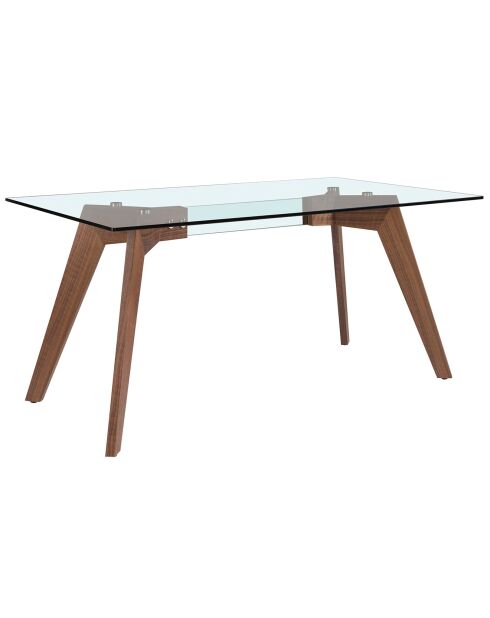 Mesa de comedor de cristal templado y madera transparente/nogal - 160x95x76 cm
