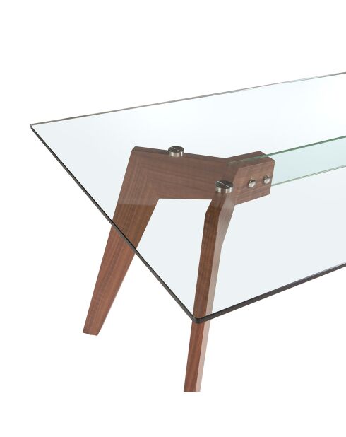 Mesa de comedor de cristal templado y madera transparente/nogal - 160x95x76 cm