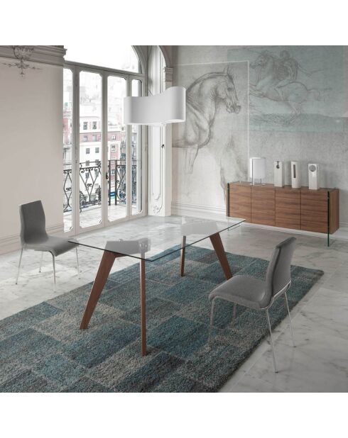 Mesa de comedor de cristal templado y madera transparente/nogal - 160x95x76 cm