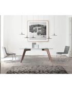 Mesa de comedor de cristal templado y madera transparente/nogal - 160x95x76 cm
