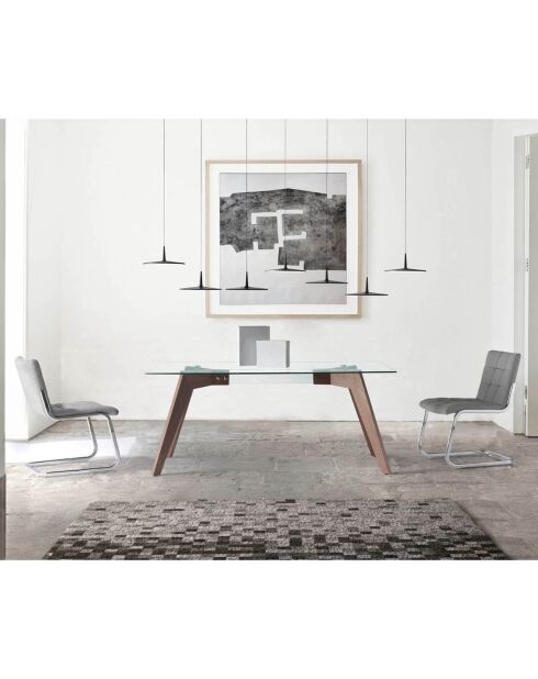 Mesa de comedor de cristal templado y madera transparente/nogal - 160x95x76 cm