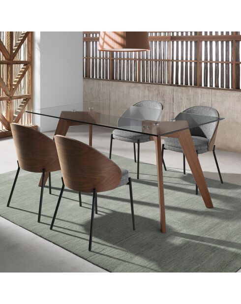 Mesa de comedor de cristal templado y madera transparente/nogal - 160x95x76 cm
