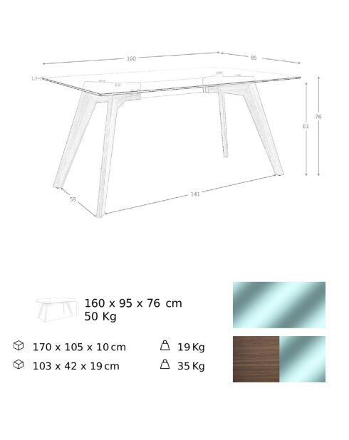 Mesa de comedor de cristal templado y madera transparente/nogal - 160x95x76 cm