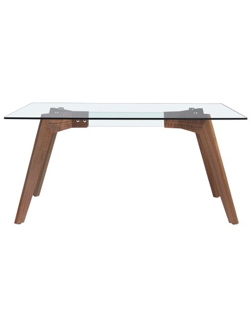 Mesa de comedor de cristal templado y madera transparente/nogal - 160x95x76 cm