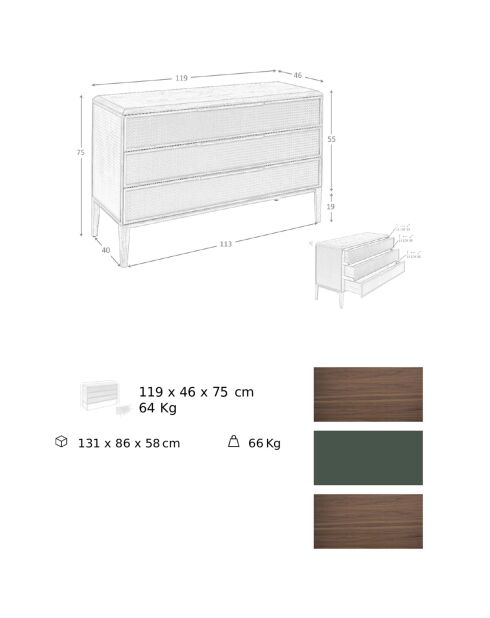 Commode au design moderne avec structure en PVC vert foncé/noyer - 119x46x75 cm
