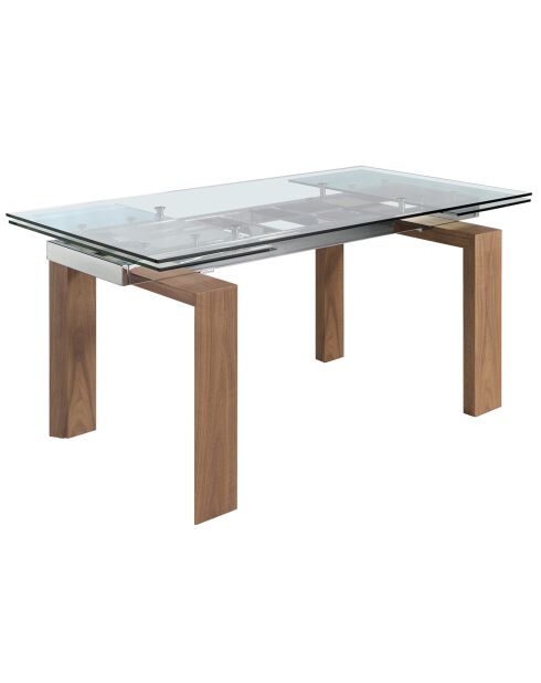 Table extensible verre trempé et pieds bois noyer Roka noyer/transparent/argent -  160/240x 90x 75  cm