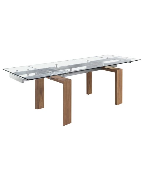 Table extensible verre trempé et pieds bois noyer Roka noyer/transparent/argent -  160/240x 90x 75  cm