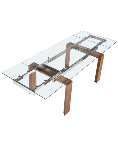 Table extensible verre trempé et pieds bois noyer Roka noyer/transparent/argent -  160/240x 90x 75  cm