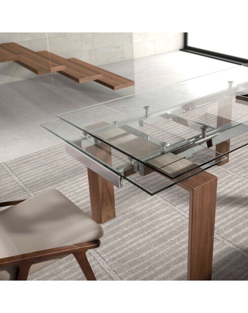Table extensible verre trempé et pieds bois noyer Roka noyer/transparent/argent -  160/240x 90x 75  cm