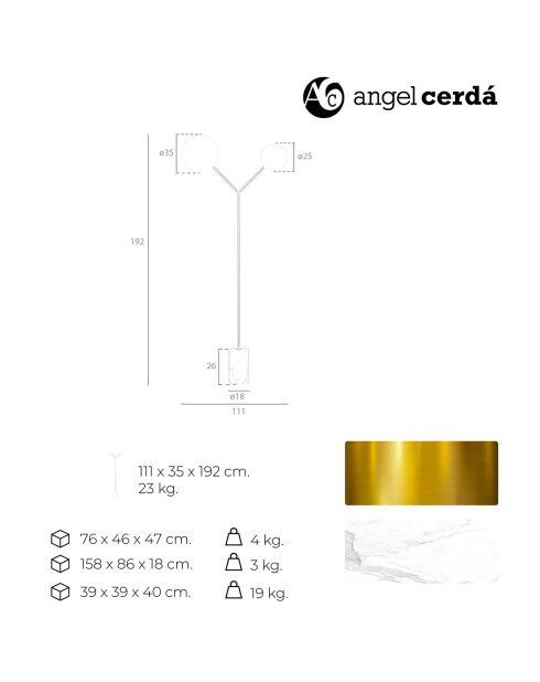 Lampadaire avec base en marbre de porcelaine doré/blanc - 111x35x192 cm