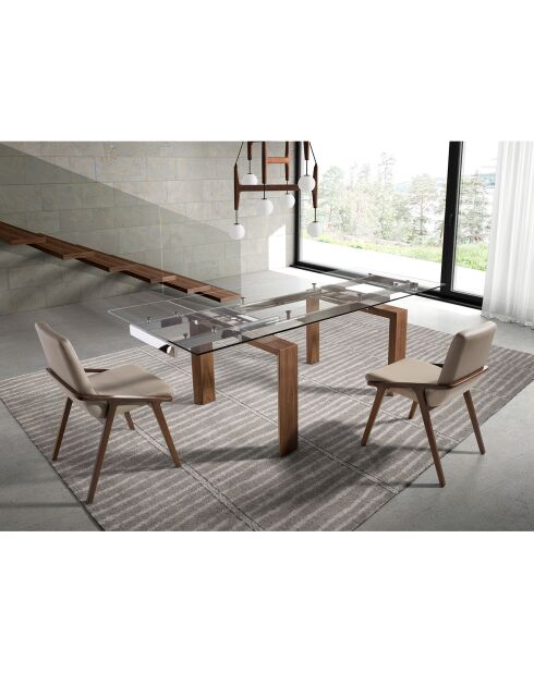 Table extensible verre trempé et pieds bois noyer Roka noyer/transparent/argent -  160/240x 90x 75  cm