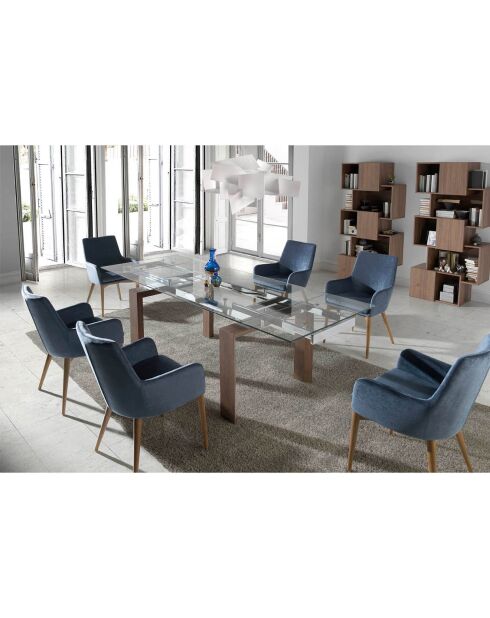 Table extensible verre trempé et pieds bois noyer Roka noyer/transparent/argent -  160/240x 90x 75  cm