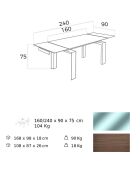 Table extensible verre trempé et pieds bois noyer Roka noyer/transparent/argent -  160/240x 90x 75  cm
