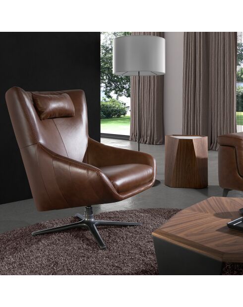 Fauteuil pivotant rembourré en cuir chocolat /gris anthracite - 76x90x100 cm
