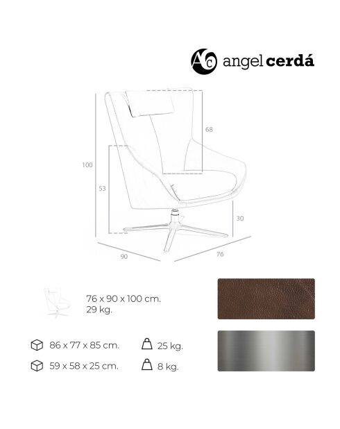 Fauteuil pivotant rembourré en cuir chocolat /gris anthracite - 76x90x100 cm