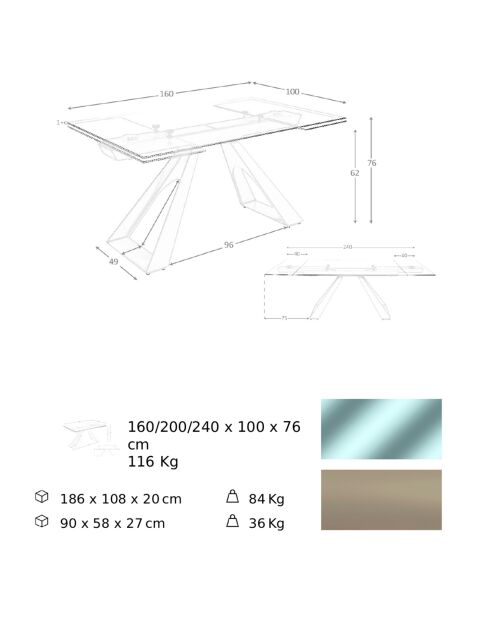 Table à manger extensible avec plateau en verre trempé verre/champagne - 160x100x76 cm