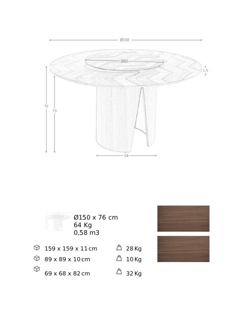 Table à manger ronde avec plateau fixe noyer - D.150x76 cm