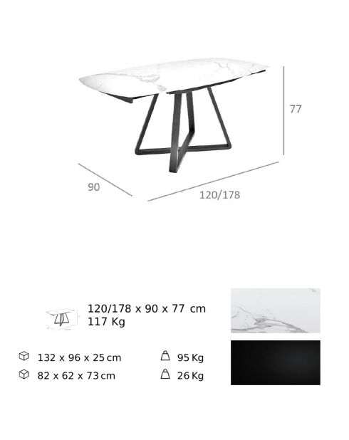 Table à manger extensible en porcelaine marbre blanc/noir - 120x90x77 cm