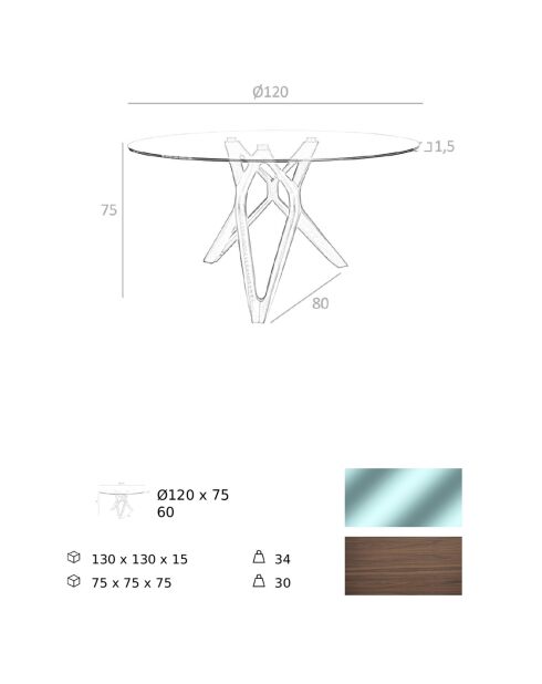 Table à manger ronde avec plateau en verre trempé noyer/verre - D.120x75 cm