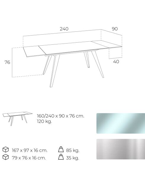 Table extensible design acier chromé et verre trempé Princia transparent/argenté -  160/240x90x76 cm