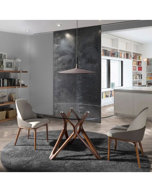 Table à manger ronde avec plateau en verre trempé noyer/verre - D.140x75 cm
