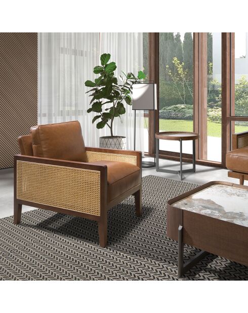Fauteuil avec accoudoirs en cuir marron/noyer - 70x90x85 cm