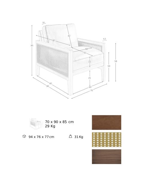 Fauteuil avec accoudoirs en cuir marron/noyer - 70x90x85 cm