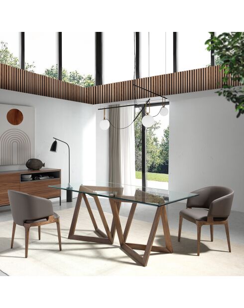 Table à manger avec plateau en verre trempé biseauté verre/noyer - 180x90x75 cm