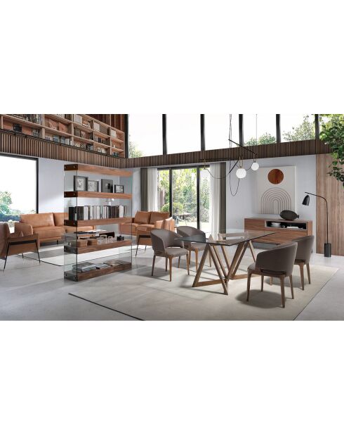 Table à manger avec plateau en verre trempé biseauté verre/noyer - 180x90x75 cm