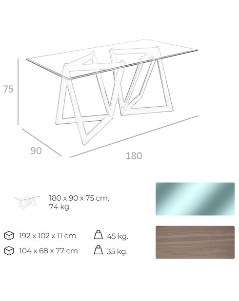 Table à manger avec plateau en verre trempé biseauté verre/noyer - 180x90x75 cm