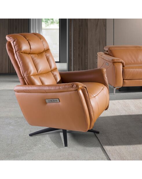 Fauteuil relax pivotant avec accoudoirs en cuir epoxy brun/noir - 85x80x106 cm