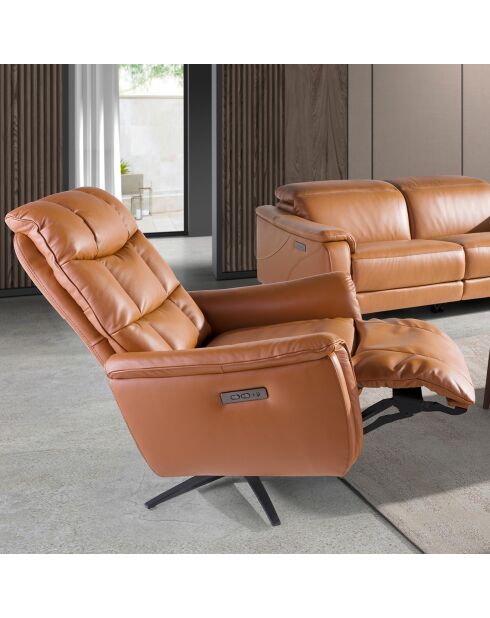 Fauteuil relax pivotant avec accoudoirs en cuir epoxy brun/noir - 85x80x106 cm