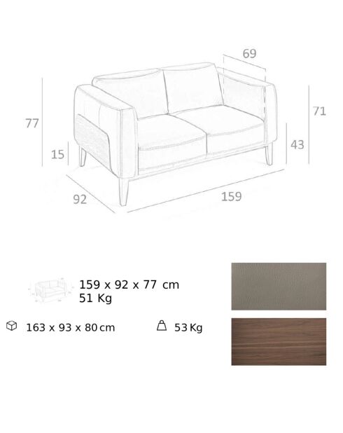 Canapé 2 places revêtu de cuir de vache marron - 159x92x77 cm