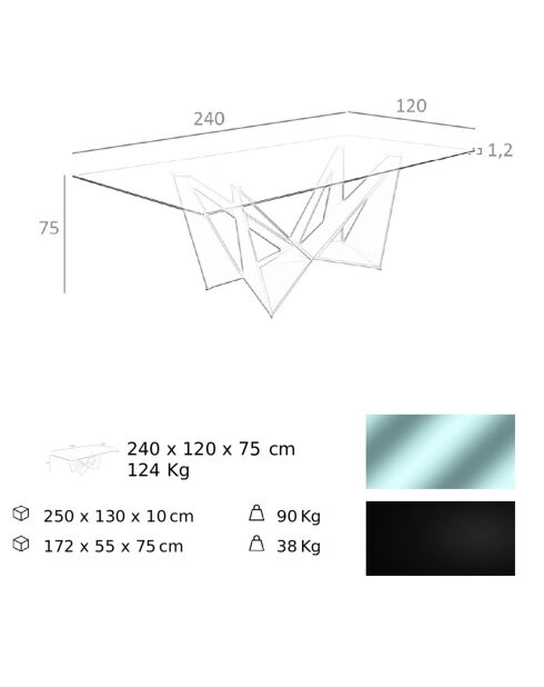 Table à manger avec plateau fixe en verre trempé noir mat/transparent - 240x120x75 cm