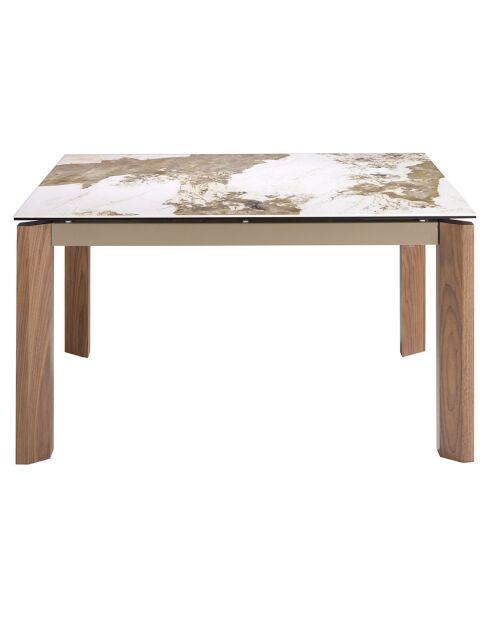 Table à manger à rallonge avec plateau en marbre de porcelaine marbre blanc/noyer - 140x90x76 cm