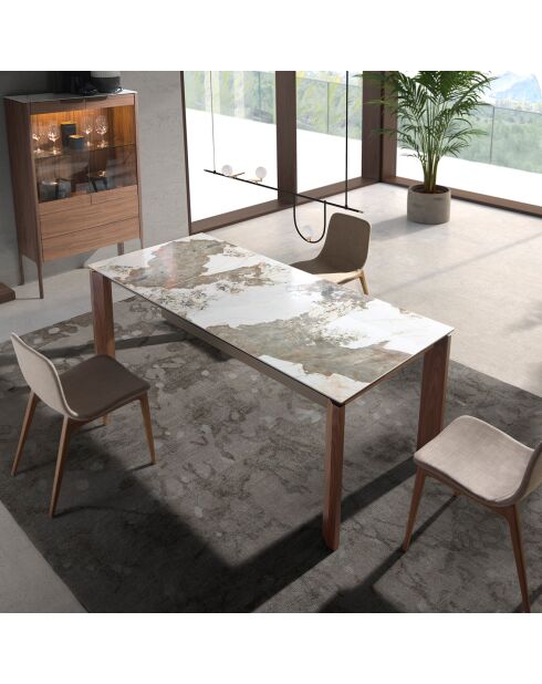 Table à manger à rallonge avec plateau en marbre de porcelaine marbre blanc/noyer - 140x90x76 cm