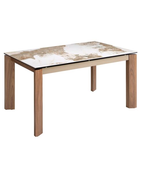Table à manger à rallonge avec plateau en marbre de porcelaine marbre blanc/noyer - 140x90x76 cm