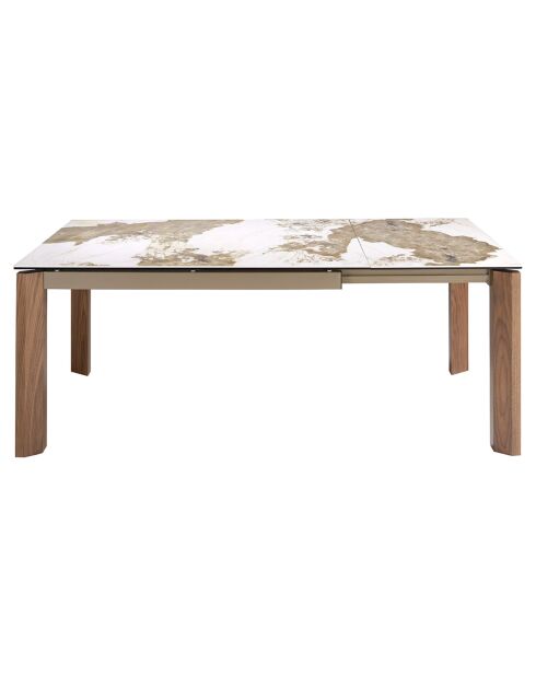 Table à manger à rallonge avec plateau en marbre de porcelaine marbre blanc/noyer - 140x90x76 cm