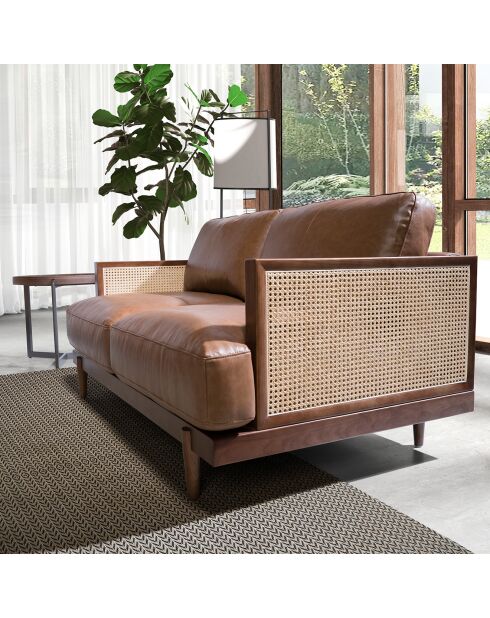 Canapé 2 places moderne en cuir marron/noyer - 164x96x83 cm
