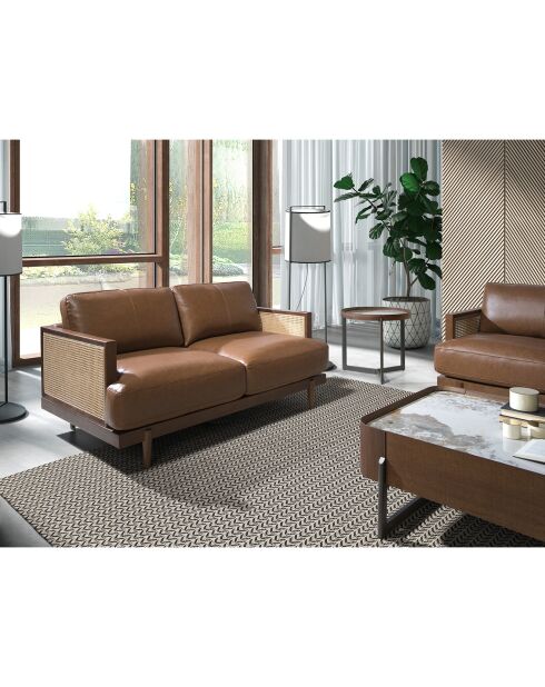 Canapé 2 places moderne en cuir marron/noyer - 164x96x83 cm