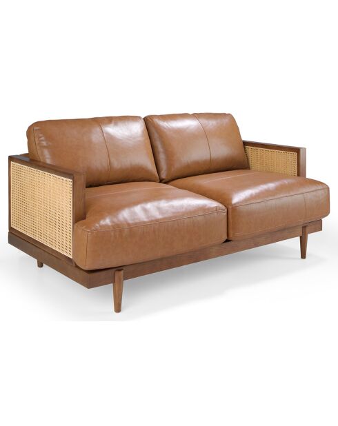 Canapé 2 places moderne en cuir marron/noyer - 164x96x83 cm