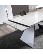 Table à manger à rallonge avec plateau en marbre de porcelaine blanc/acier - 160x90x76 cm