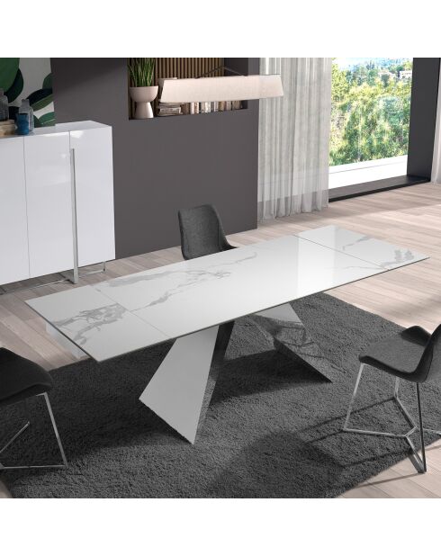 Table à manger à rallonge avec plateau en marbre de porcelaine blanc/acier - 160x90x76 cm
