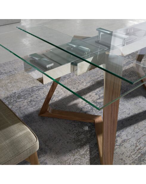 Table à manger extensible avec plateau en verre trempé verre/noyer - 160x90x75 cm