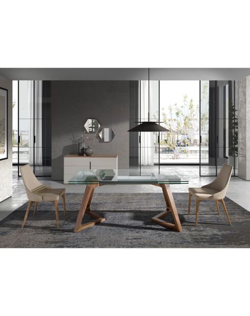 Table à manger extensible avec plateau en verre trempé verre/noyer - 160x90x75 cm