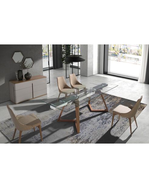 Table à manger extensible avec plateau en verre trempé verre/noyer - 160x90x75 cm