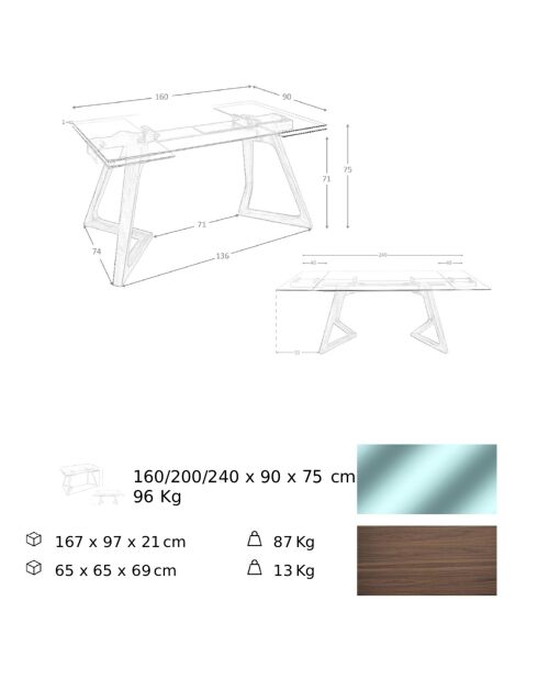 Table à manger extensible avec plateau en verre trempé verre/noyer - 160x90x75 cm